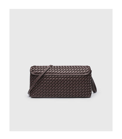 Retro Woven Shoulder Bag - Magnetic Closure Flap PU Purse, Square Horizontal Ladies Handbag with Strap