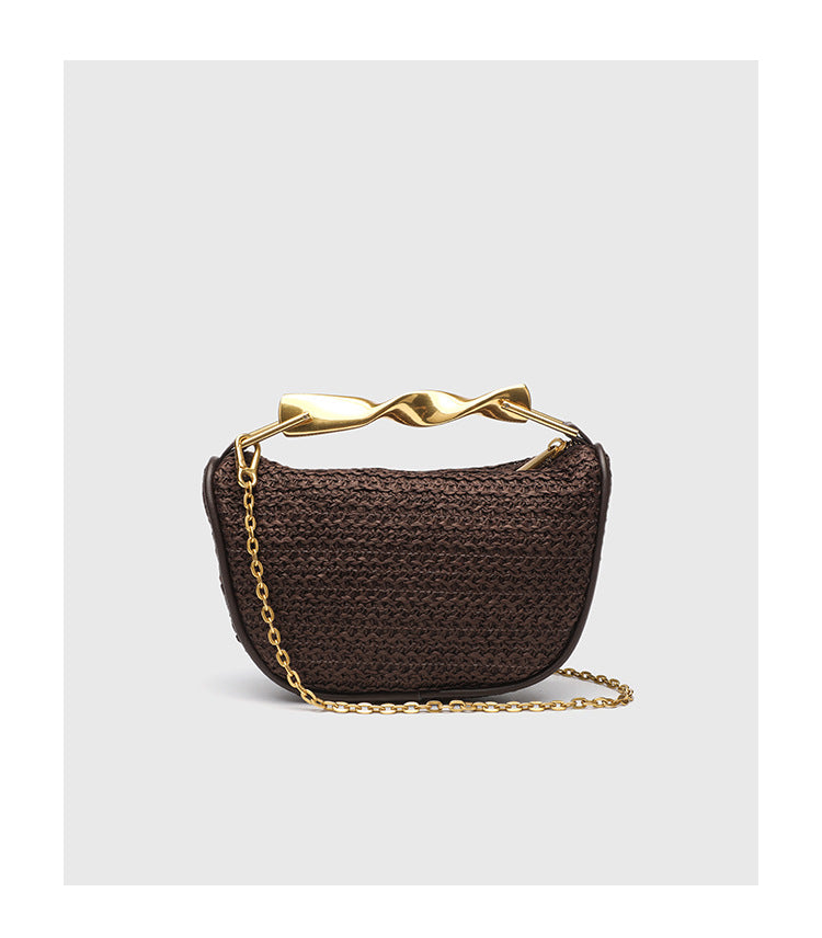 Dumpling Shape Woven Bag - Mini Straw Purse with Zipper Closure, Detachable Shoulder Strap and Metal Handle for Women