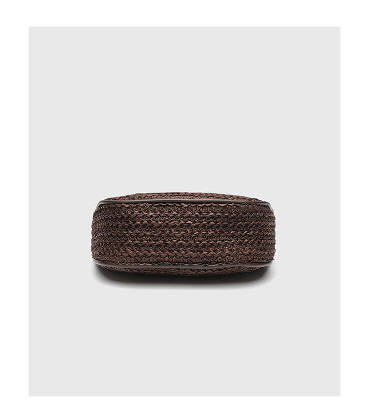 Dumpling Shape Woven Bag - Mini Straw Purse with Zipper Closure, Detachable Shoulder Strap and Metal Handle for Women