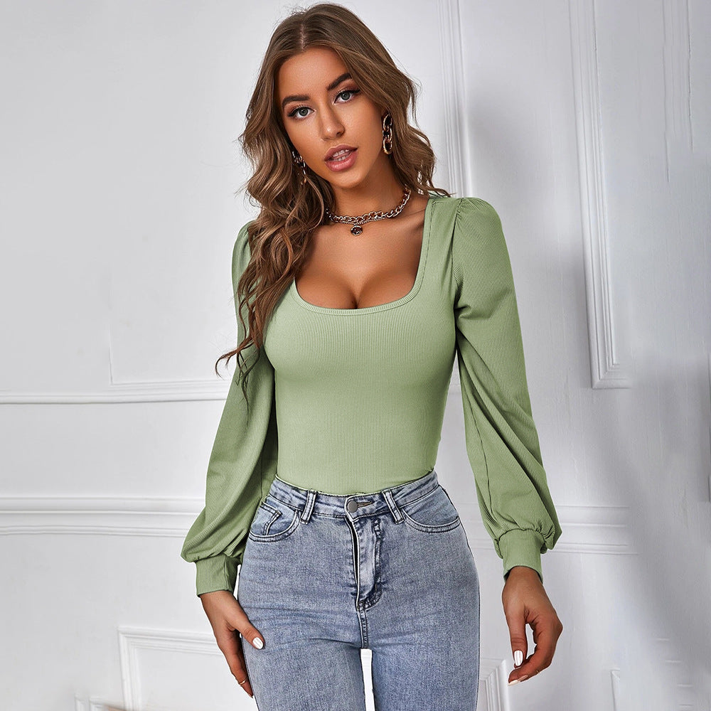 Avocado Green Square Neck Top for Women, Puff Sleeve Knit T-Shirt Slim Fit Long Sleeve Blouse