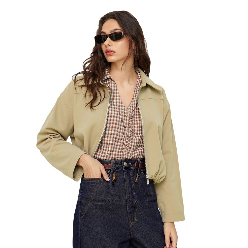 Khaki Cropped Utility Jacket for Women, Convertible Stand Collar Zip Up Long Sleeve Spring Fall Coat