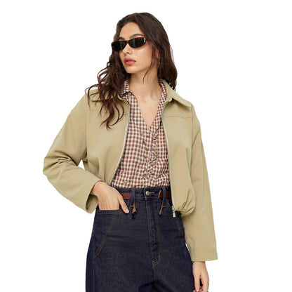 Khaki Cropped Utility Jacket for Women, Convertible Stand Collar Zip Up Long Sleeve Spring Fall Coat
