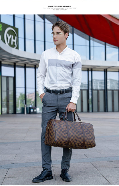 Retro Geometric Print Travel Bag - Large Waterproof PVC Tote with Foldable Design, Unisex Weekender Duffle for Men and Women with Detachable Chain