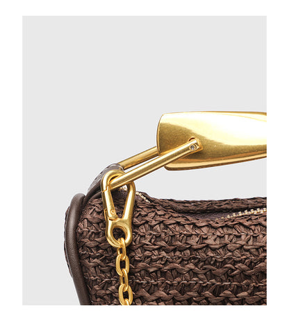 Dumpling Shape Woven Bag - Mini Straw Purse with Zipper Closure, Detachable Shoulder Strap and Metal Handle for Women