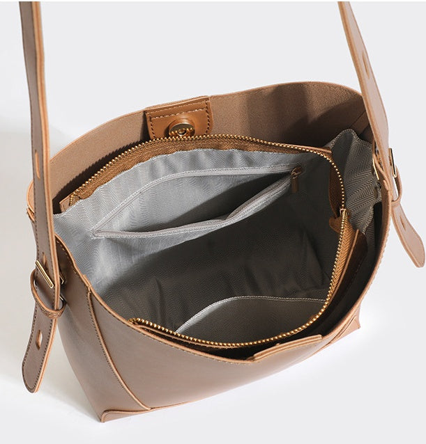 Vintage Bucket Bag for Women - Large PU Leather Commuter Tote with Magnetic Closure, Adjustable & Detachable Shoulder Strap and Zip Top