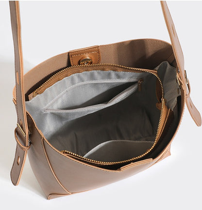 Vintage Bucket Bag for Women - Large PU Leather Commuter Tote with Magnetic Closure, Adjustable & Detachable Shoulder Strap and Zip Top