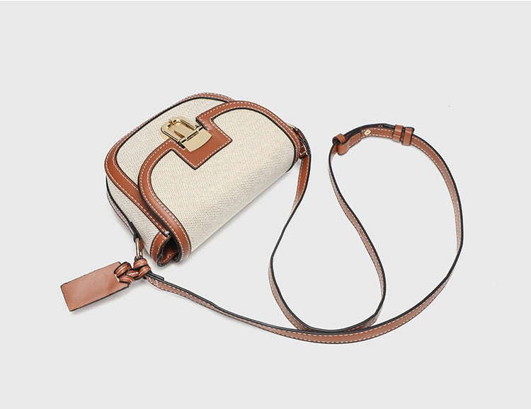 Korean Style Vintage Saddle Bag - Color Block PU Crossbody Bag with Lock, Adjustable Underarm Purse