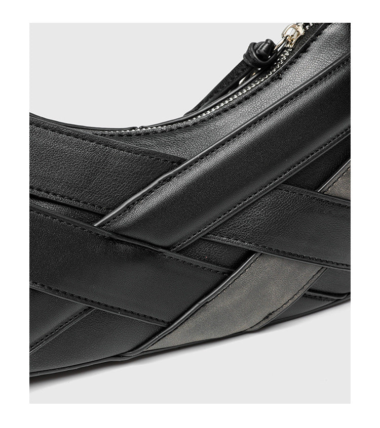 Horizontal Vintage Baguette Bag - Brown & Black Retro Shoulder Purse, Square Motorcycle Style Bag with Zip Closure