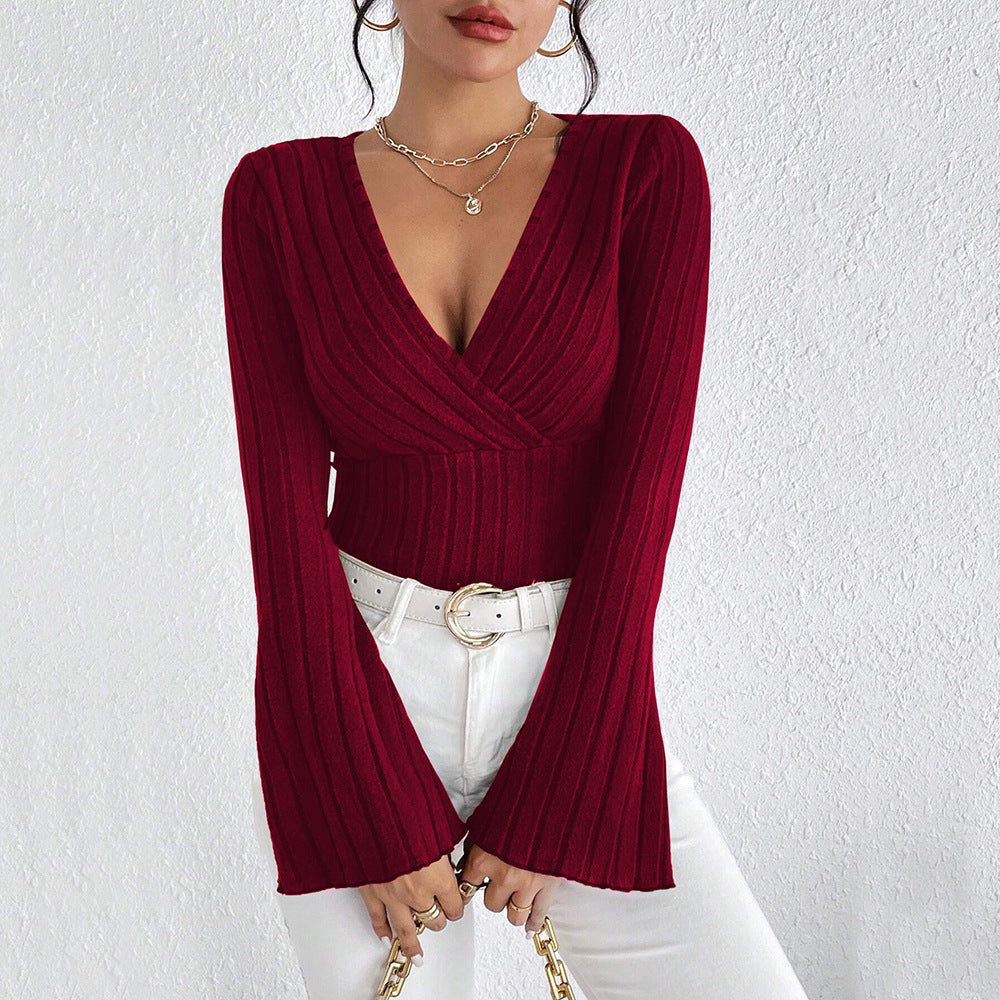V-Neck Bell Sleeve Long Sleeve Pullover Slim Fit Bodysuit Top