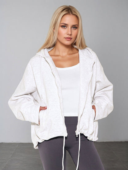 Women's Casual Hooded Zip-Up Knit Sweatshirt, Solid Color Loose Fit Pullover Jacket