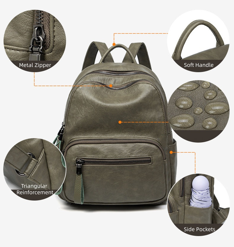 Multi-Pocket Women's Backpack - Zipper Top Soft Leather Travel Bag with Handles, Waterproof Simple Design Daypack