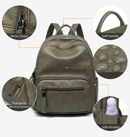 Multi-Pocket Women's Backpack - Zipper Top Soft Leather Travel Bag with Handles, Waterproof Simple Design Daypack