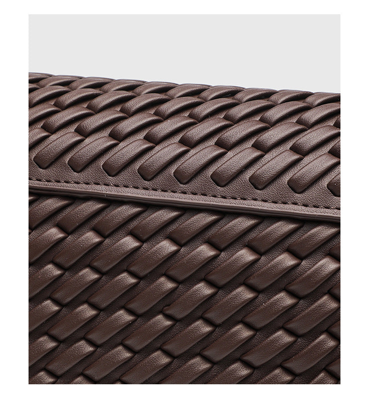 Retro Woven Shoulder Bag - Magnetic Closure Flap PU Purse, Square Horizontal Ladies Handbag with Strap