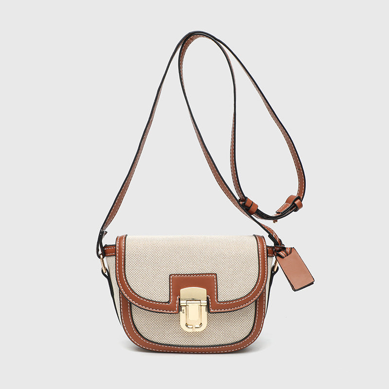 Korean Style Vintage Saddle Bag - Color Block PU Crossbody Bag with Lock, Adjustable Underarm Purse