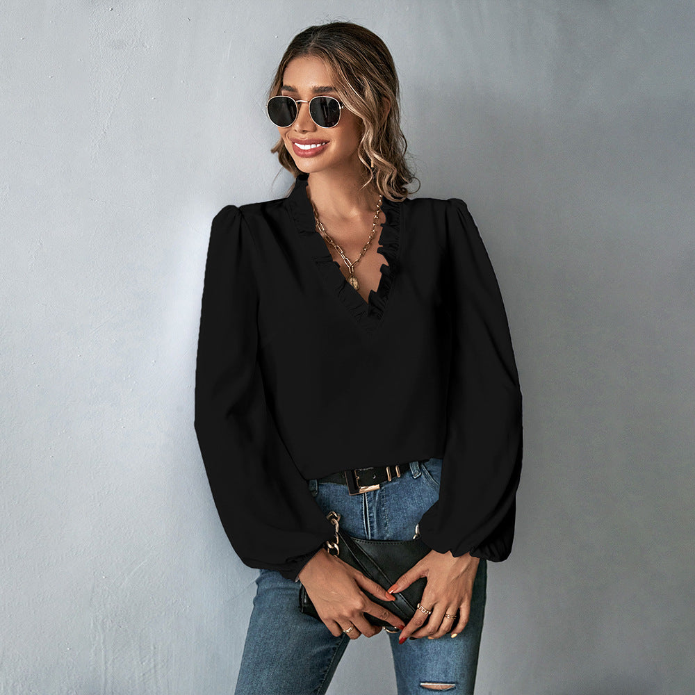 Ruffle V-Neck Blouse for Women, Loose Fit Long Sleeve Puff Sleeve Pullover Office Shirt