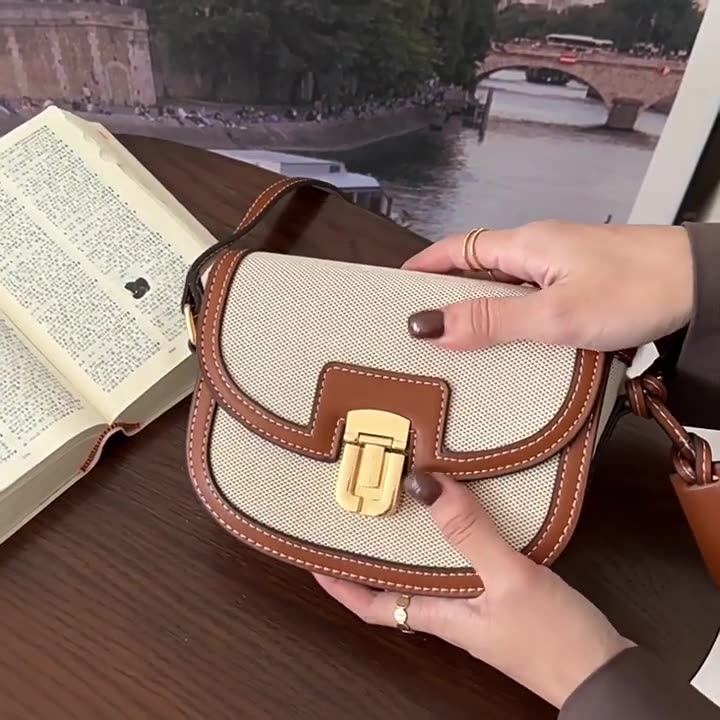 Korean Style Vintage Saddle Bag - Color Block PU Crossbody Bag with Lock, Adjustable Underarm Purse