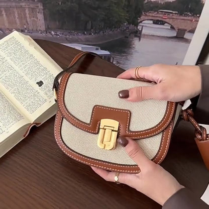 Korean Style Vintage Saddle Bag - Color Block PU Crossbody Bag with Lock, Adjustable Underarm Purse