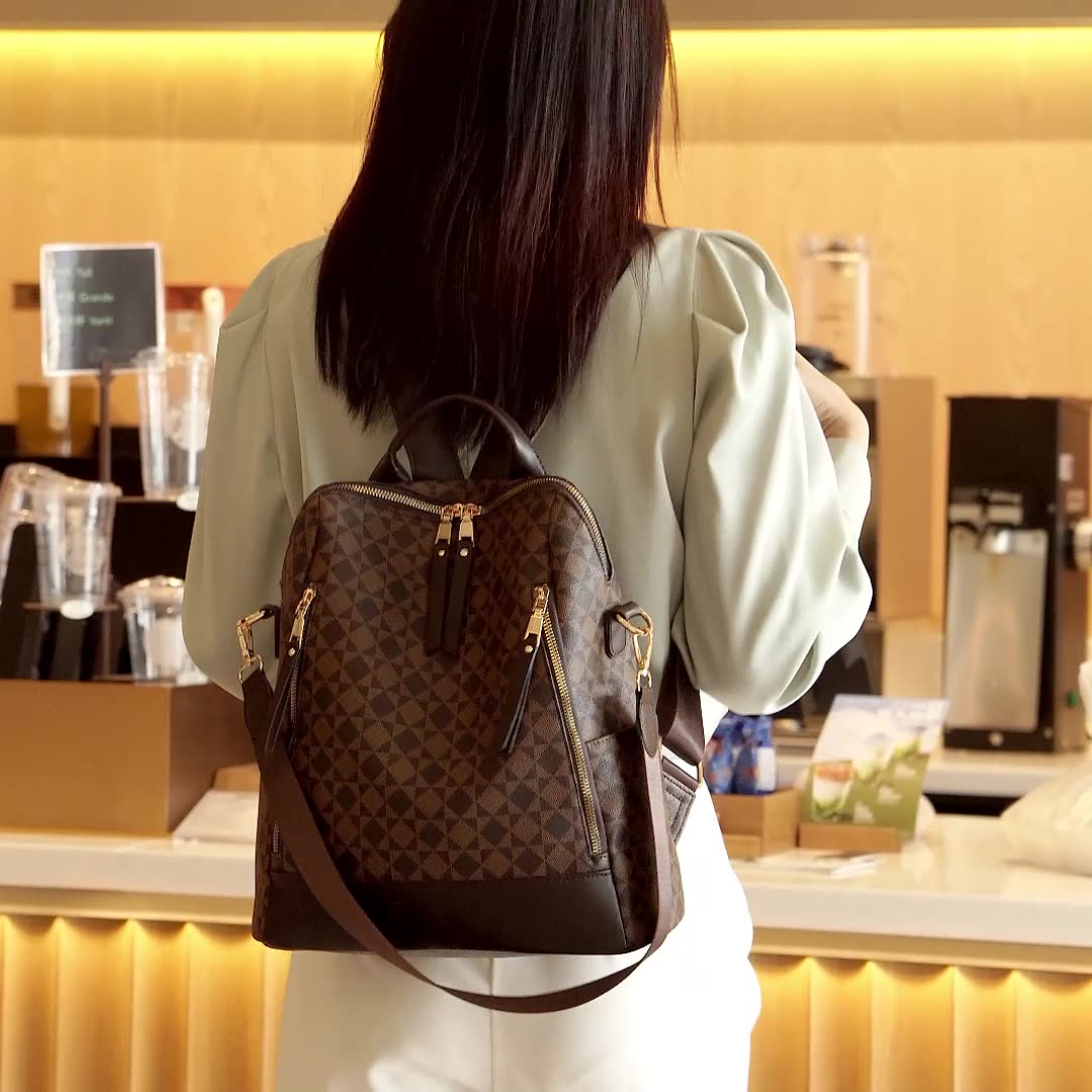 PVC Checkerboard Print Backpack - Waterproof Multi-functional Mommy Bag with Detachable Organizer, Travel Tote with Shoulder Strap