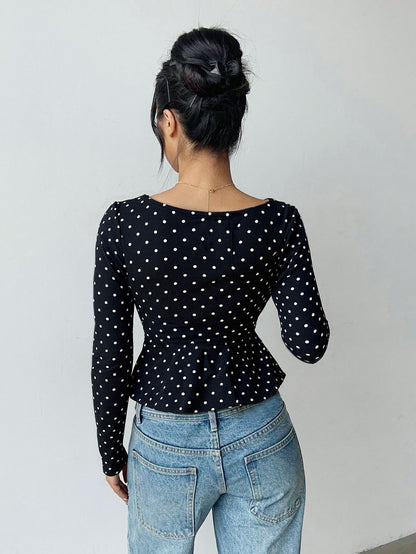 V-Neck Polka Dot Top for Women, Retro Waist Tucking Long Sleeve T-Shirt Slim Fit Sexy Chic Blouse