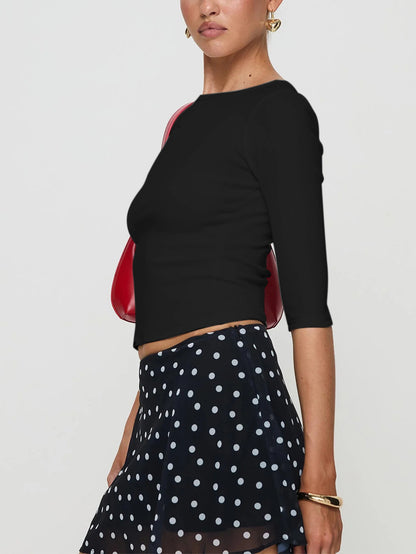 Cropped Knit Top for Women, 3/4 Sleeve Round Neck T Shirt Sweet Solid Color Midriff Blouse