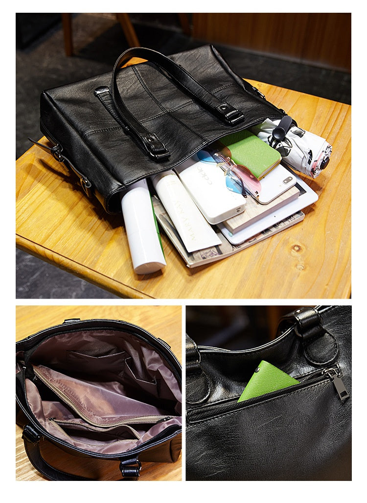 Luxury Genuine Leather Tote Bag for Women - Large Soft Zip Top Work Bag with Detachable Chain Strap Pouch