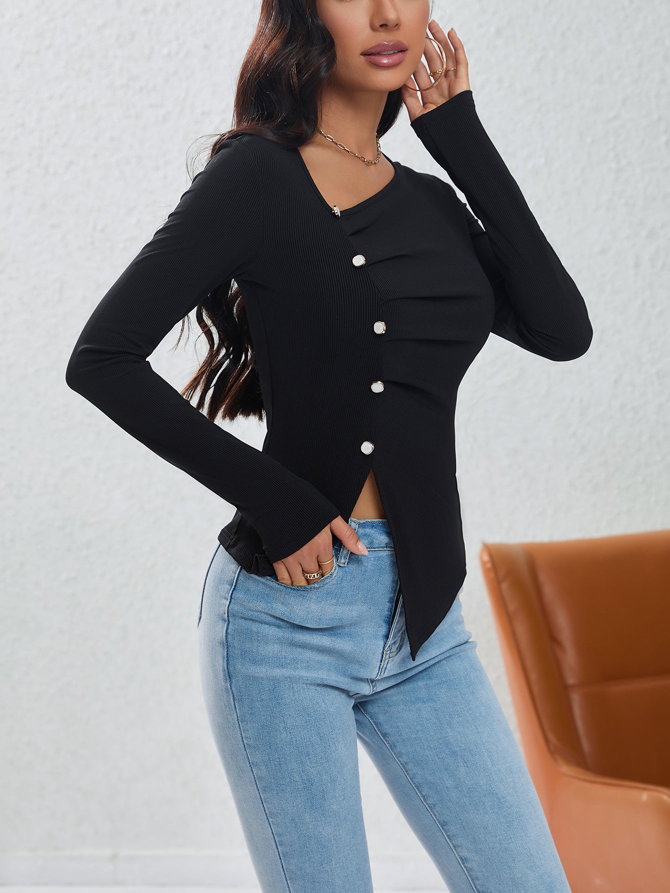Ribbed Knit Top with Pleat Detail for Women, Button Front Asymmetric Layering Blouse