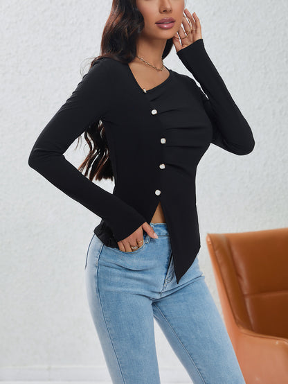 Ribbed Knit Top with Pleat Detail for Women, Button Front Asymmetric Layering Blouse