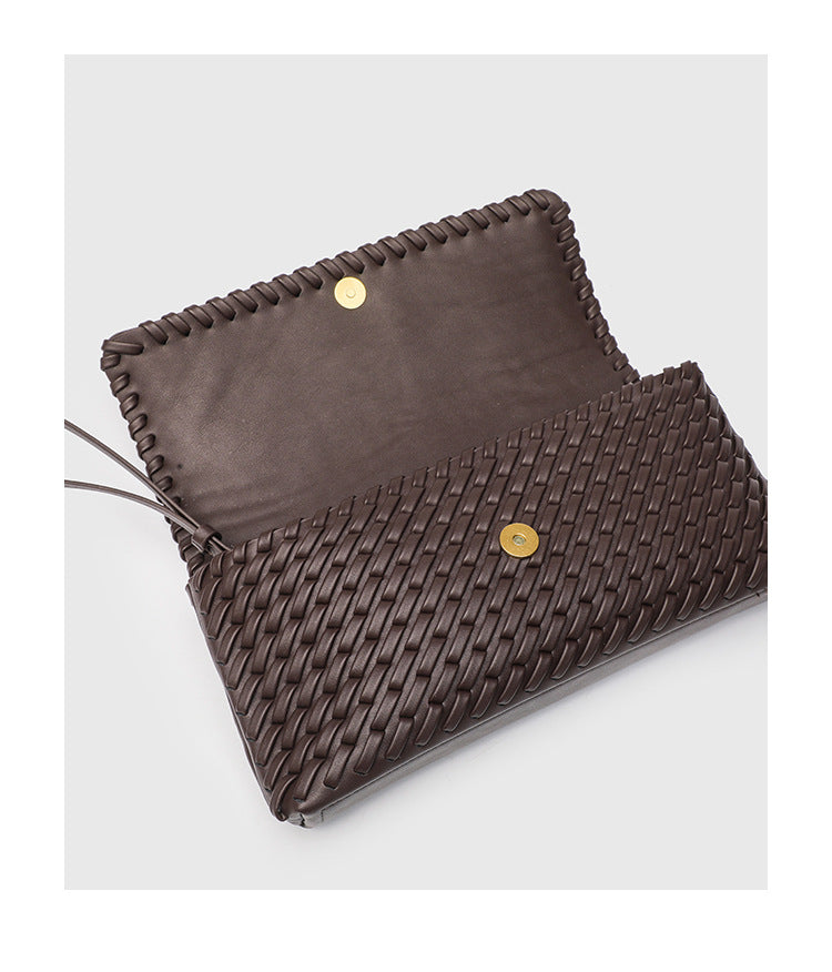 Retro Woven Shoulder Bag - Magnetic Closure Flap PU Purse, Square Horizontal Ladies Handbag with Strap