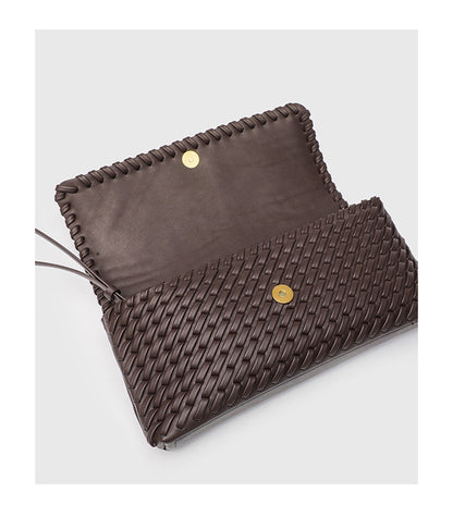 Retro Woven Shoulder Bag - Magnetic Closure Flap PU Purse, Square Horizontal Ladies Handbag with Strap