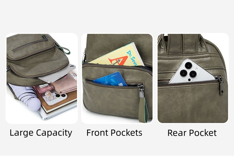 Multi-Pocket Women's Backpack - Zipper Top Soft Leather Travel Bag with Handles, Waterproof Simple Design Daypack