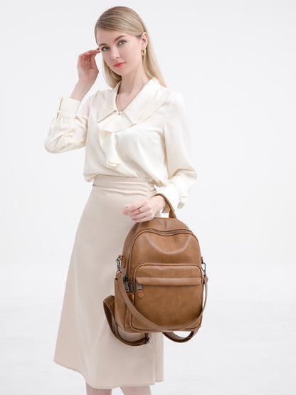 14 Inch Laptop Backpack - Soft PU Leather Travel Bag with Multiple Pockets, Large Capacity Backpack with Top Handle