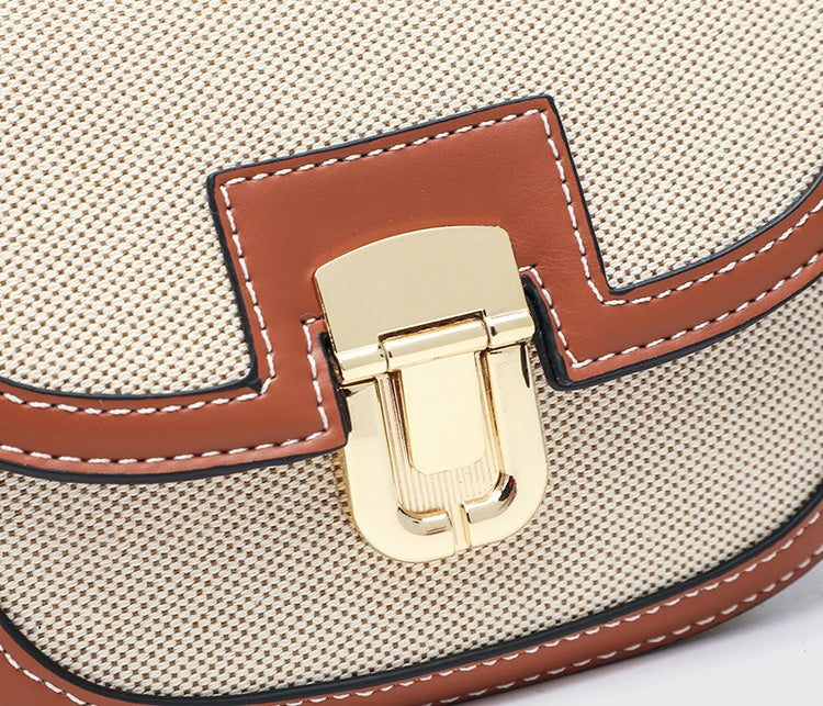 Korean Style Vintage Saddle Bag - Color Block PU Crossbody Bag with Lock, Adjustable Underarm Purse