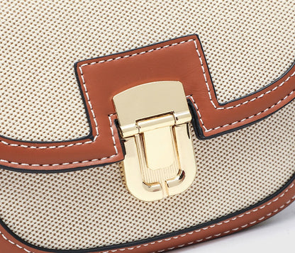 Korean Style Vintage Saddle Bag - Color Block PU Crossbody Bag with Lock, Adjustable Underarm Purse