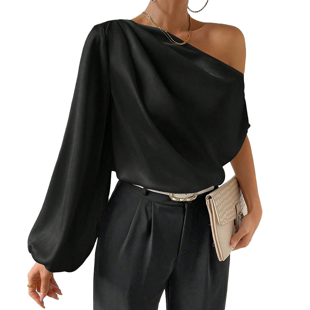 Off Shoulder Slash Neck Pullover Top, Asymmetric Long Short Sleeve Loose Fit Sexy Blouse