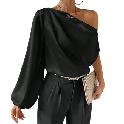 Off Shoulder Slash Neck Pullover Top, Asymmetric Long Short Sleeve Loose Fit Sexy Blouse