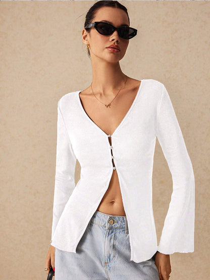 V-Neck Sexy Crop Top for Women, Slim Fit Midriff Cardigan Open Front Blouse