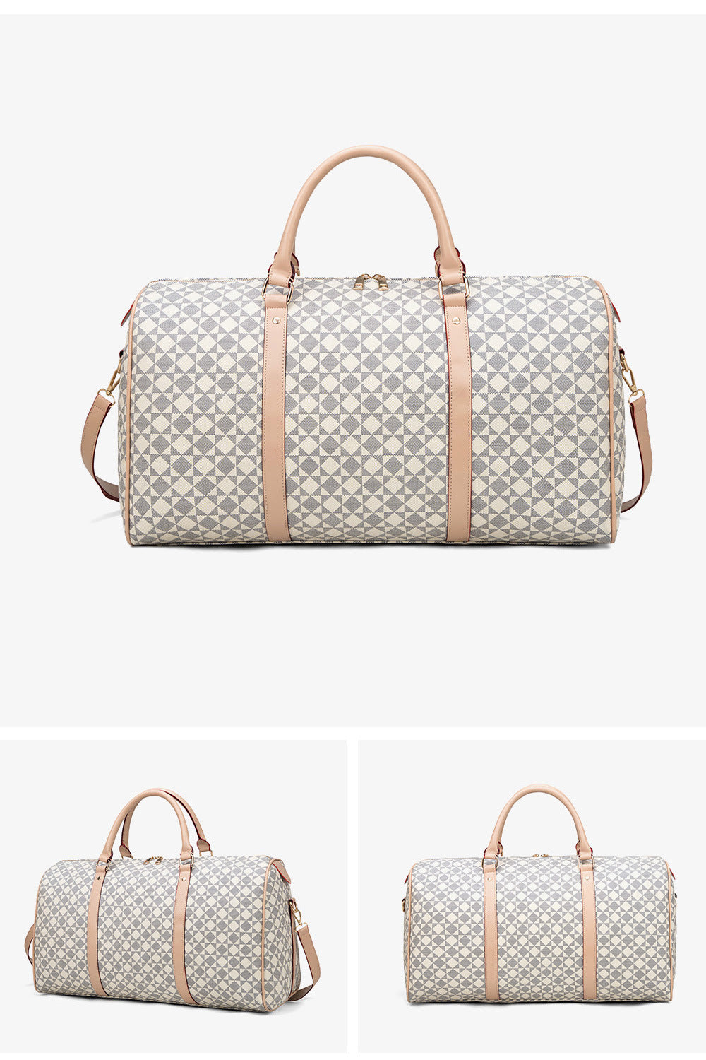 Retro Geometric Print Travel Bag - Large Waterproof PVC Tote with Foldable Design, Unisex Weekender Duffle for Men and Women with Detachable Chain