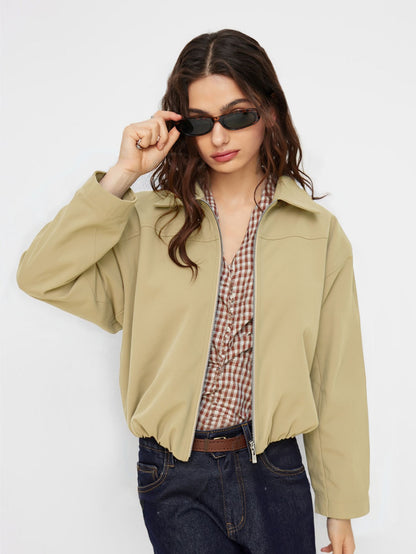 Khaki Cropped Utility Jacket for Women, Convertible Stand Collar Zip Up Long Sleeve Spring Fall Coat