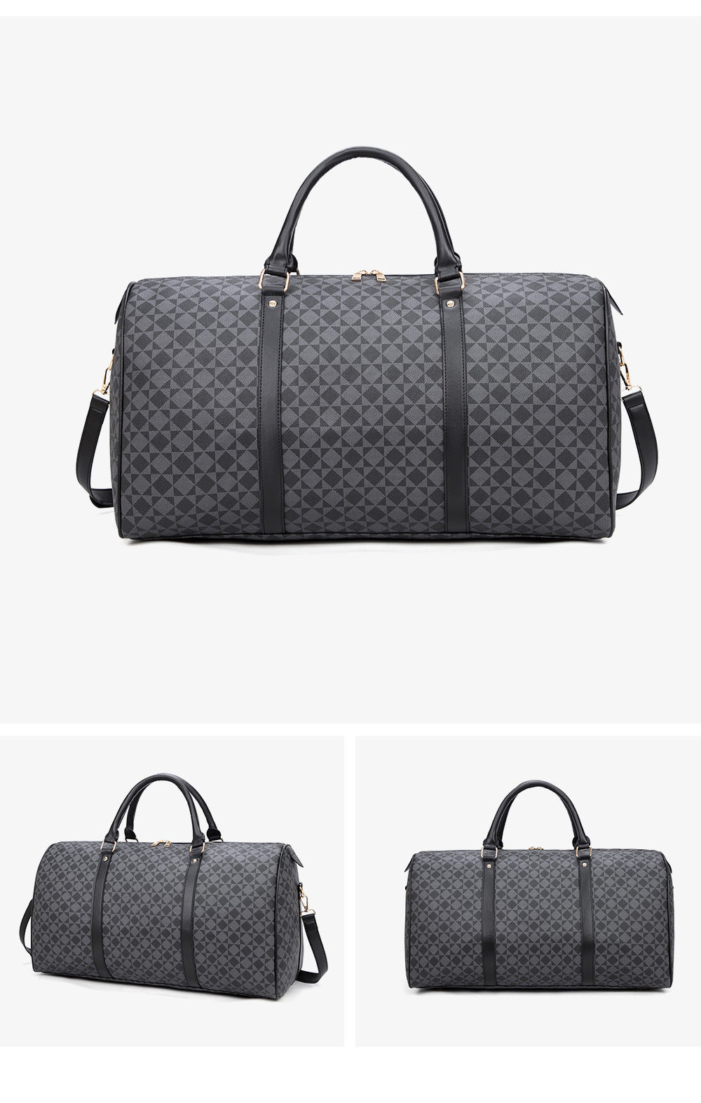 Retro Geometric Print Travel Bag - Large Waterproof PVC Tote with Foldable Design, Unisex Weekender Duffle for Men and Women with Detachable Chain