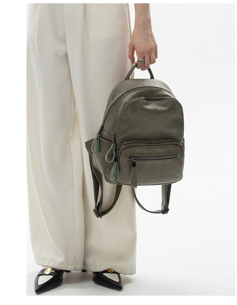 Multi-Pocket Women's Backpack - Zipper Top Soft Leather Travel Bag with Handles, Waterproof Simple Design Daypack