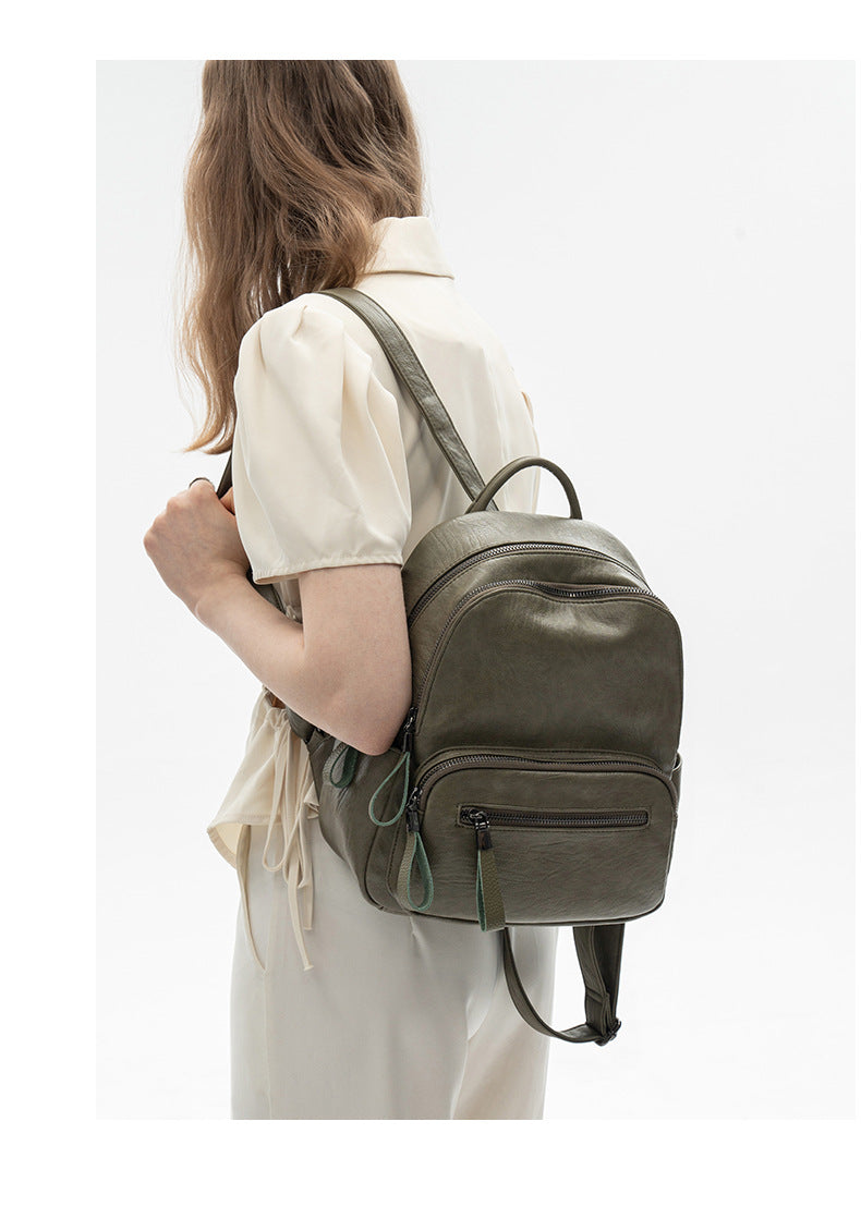 Multi-Pocket Women's Backpack - Zipper Top Soft Leather Travel Bag with Handles, Waterproof Simple Design Daypack