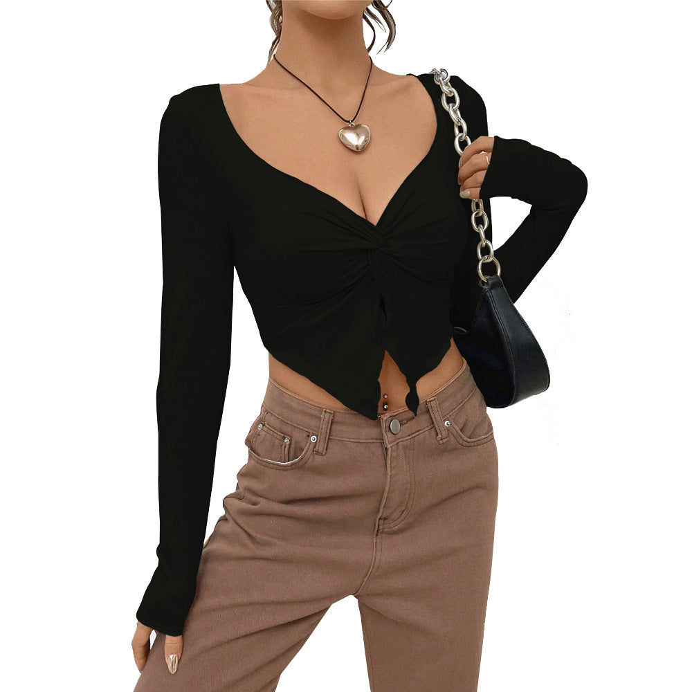 Knot Front Cropped T-Shirt for Women, Fall Winter Sexy V-Neck Slim Fit Long Sleeve Knit Top