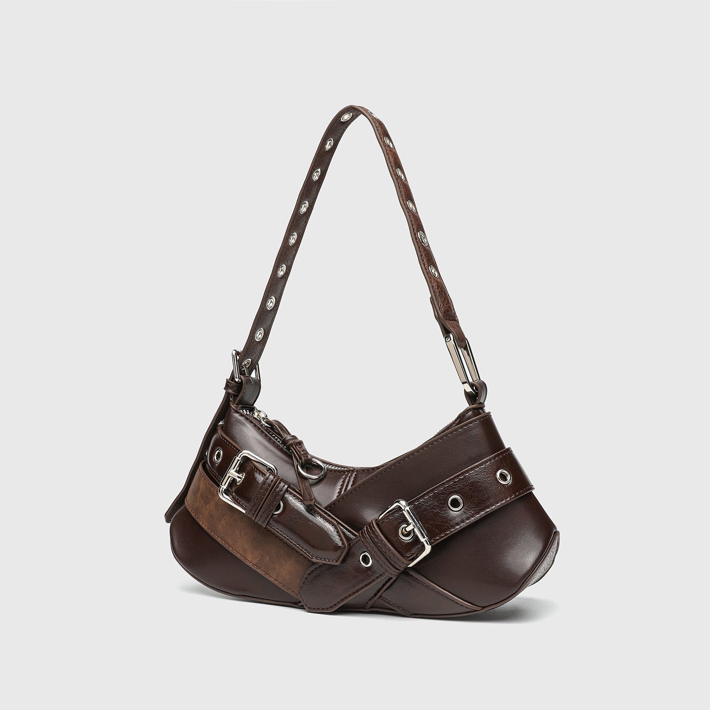 Horizontal Vintage Baguette Bag - Brown & Black Retro Shoulder Purse, Square Motorcycle Style Bag with Zip Closure