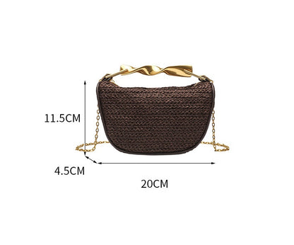 Dumpling Shape Woven Bag - Mini Straw Purse with Zipper Closure, Detachable Shoulder Strap and Metal Handle for Women