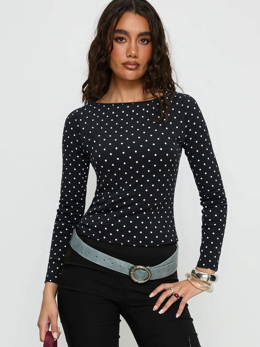 Black White Polka Dot Backless Top for Women, Long Sleeve Slim Fit T Shirt Square Neck Versatile Layering Blouse
