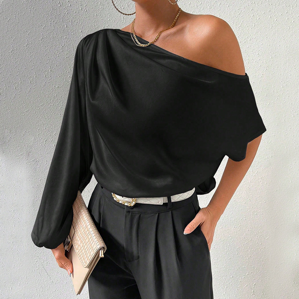 Off Shoulder Slash Neck Pullover Top, Asymmetric Long Short Sleeve Loose Fit Sexy Blouse