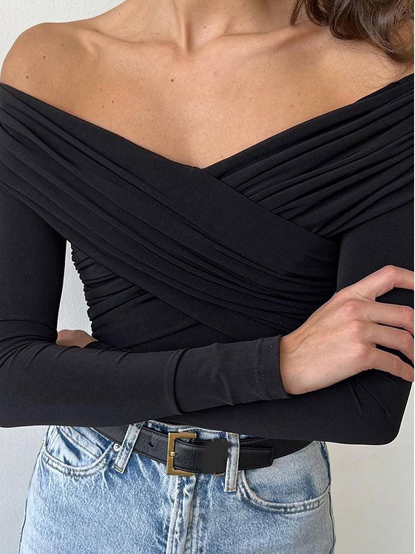 Off Shoulder Slim Fit Top for Women, Sexy Long Sleeve Cropped T-Shirt Elegant Blouse