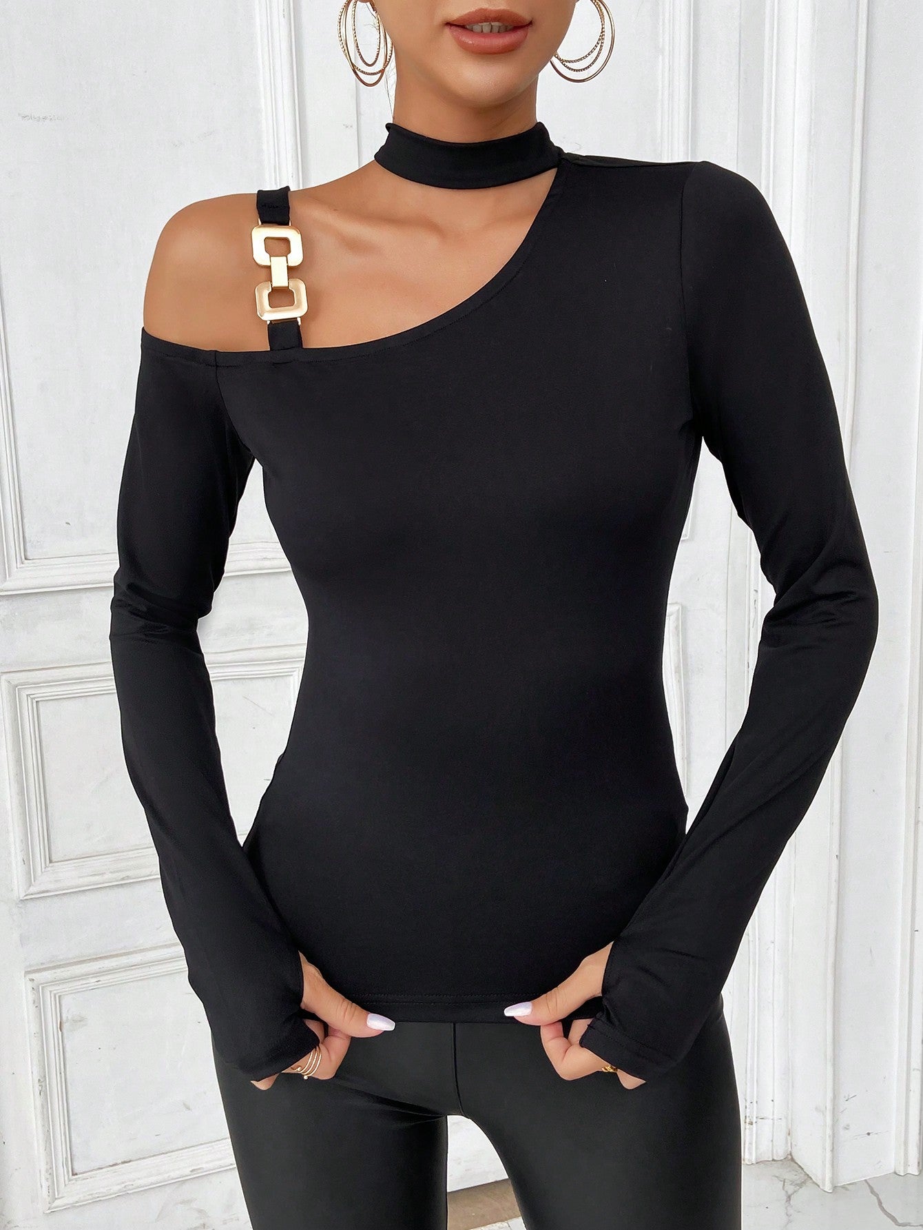 Halter Neck Knit Top for Women, Off Shoulder Sexy Slim Fit Long Sleeve Thumb Hole T Shirt