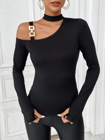 Halter Neck Knit Top for Women, Off Shoulder Sexy Slim Fit Long Sleeve Thumb Hole T Shirt