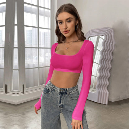 Square Neck Cropped Knit Top for Women, Athletic Stretch Long Sleeve Casual T-Shirt